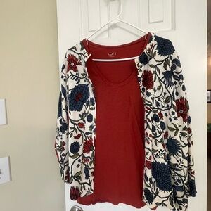 LOFT Women's Floral Sweater, Rust and blue comes with rust short sleeve t shirt